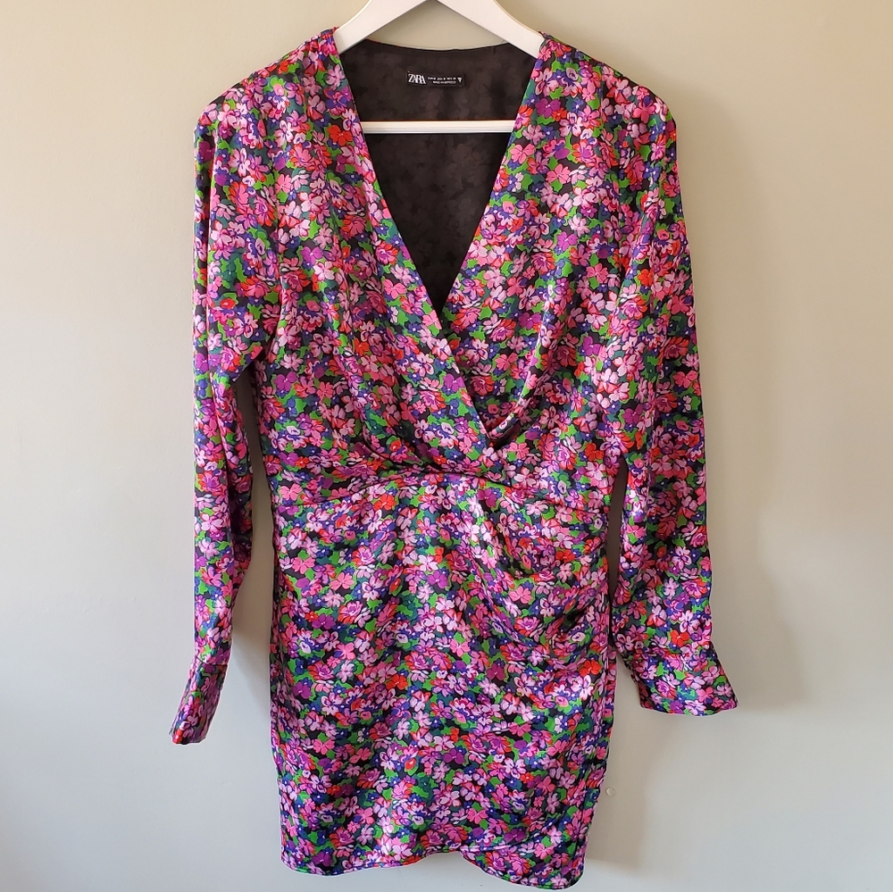 Zara Pink and Green Floral Wrap Mini Dress